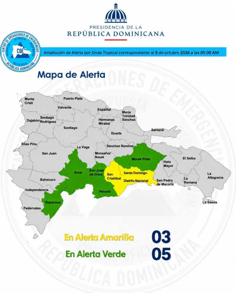 COE incrementa niveles de alerta ante onda tropical que incide en provincias del país